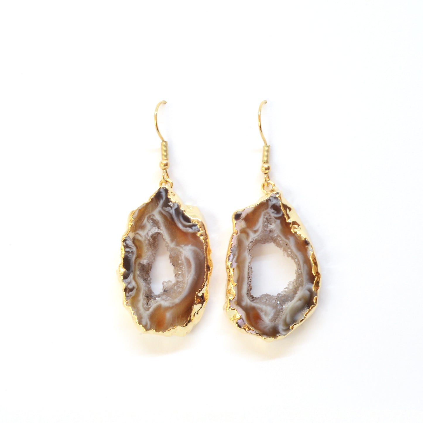 Earrings with agate geode gold-plated edge